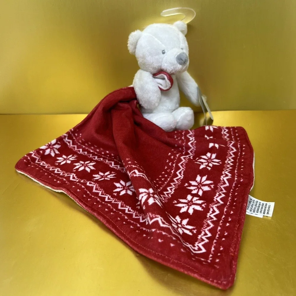 Carters Security Blanket Plush Baby Lovey Rattle white Bear w/ Red blanket 10x11